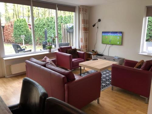 a living room with couches and a tv and a table at Geräumiges Ferienhaus Mitten Im Wald in Winterswijk