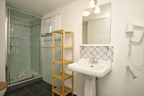 a bathroom with a sink and a shower and a mirror at Landhaus Lietzow Haus Cottage Garden in Lietzow