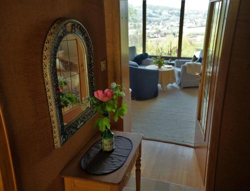 un vase avec des fleurs sur une table à côté d'un miroir dans l'établissement Ferienhaus Mit Einer Umwerfenden Panoramaaussicht, à Glotzdorf