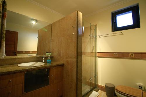 La salle de bains est pourvue d'un lavabo et d'une douche en verre. dans l'établissement Cottage Ocean View, à Porto Moniz