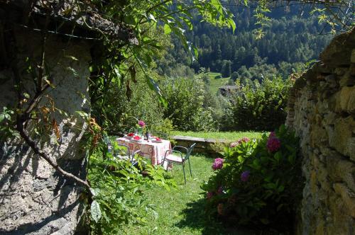 a table and chair in a garden with mountains in the background at Le Primule in Piedilago