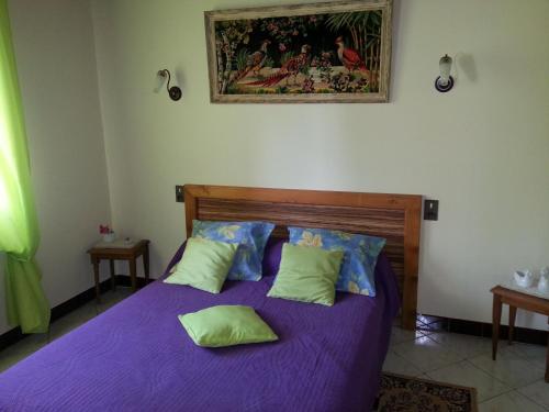 - une chambre avec un lit violet orné d'une peinture murale dans l'établissement Gîte de la Fontaine, à Saint-Antoine