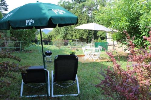 two chairs and an umbrella in a yard at Jujuouragan 2 in Saint Die