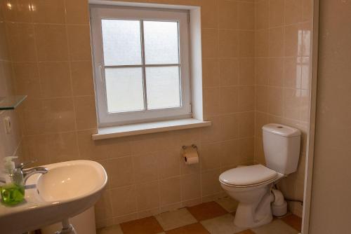 ein Badezimmer mit Toilette und Waschbecken und einem Fenster in der Unterkunft Ferienhaus für 6 Personen ca 66 m in Kuldiga, Kurland in Kuldīga