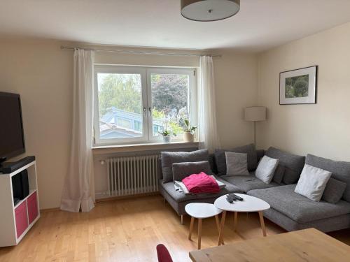 巴特武尔察赫Ferienwohnung Wiesenblume的客厅设有灰色的沙发和窗户。
