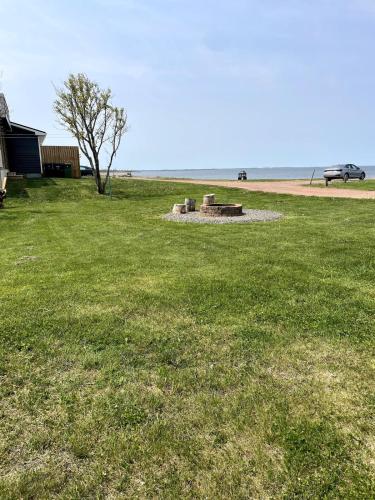 a field of grass with the ocean in the background at The Nook - Sherbrooke Cottages in Summerside