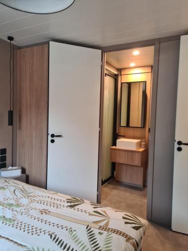 a bedroom with a bed and a bathroom with a sink at Chalet Lac du Der Giffaumont-Champaubert in Giffaumont-Champaubert