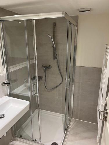 a shower with a glass door next to a sink at Seaside-Amrum-8 in Norddorf