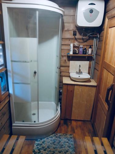 ein Badezimmer mit Dusche und Waschbecken in der Unterkunft Ramus Ūkis in Jakiškiai