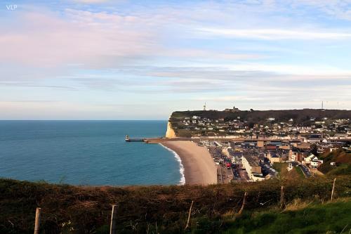 Elle offre une vue sur la plage et l'océan. dans l'établissement Gîte De La Voûte, à Fécamp