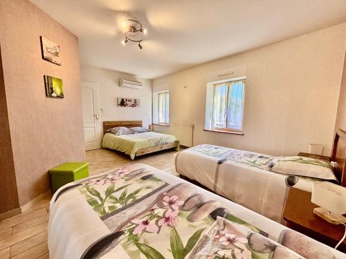 Zimmer mit 2 Betten und 2 Fenstern in der Unterkunft La Coccinelle- Gîte familial, Spa & Sauna in Lafrançaise