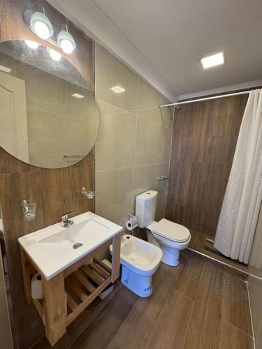 a bathroom with a sink and a toilet and a mirror at Suite Premium Vista Panorámica in Santa Teresita