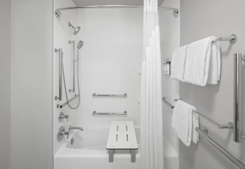 Holiday Inn Express Hotel & Suites Montrose - Black Canyon Area by IHG في مونتروز: حمام أبيض مع دش ومغسلة