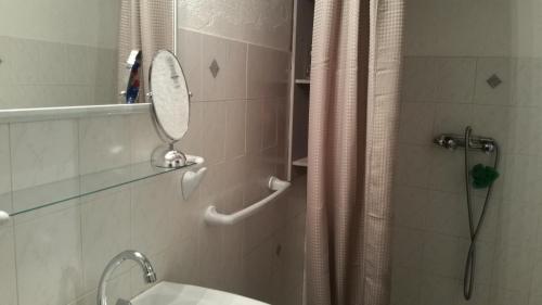 a bathroom with a shower with a toilet and a mirror at Maison du pâtre in Urbanya