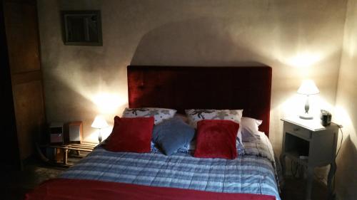 a bedroom with a bed with red and blue pillows at Maison du pâtre in Urbanya