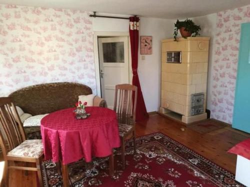 un salon avec une table et un canapé dans l'établissement Familienfreundliche Gemütliche Ferienwohnung In Luchau Mit Garten Und Grill -, à Glashütte