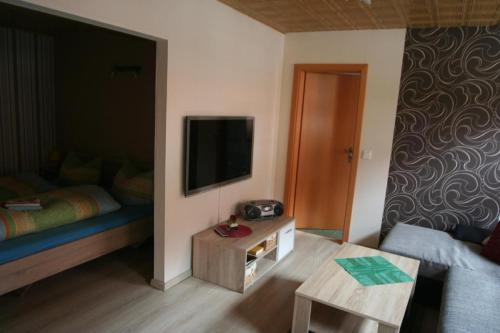 a small living room with a bed and a tv at Wohnung In Ilfeld Mit Grill Und Garten in Harztor