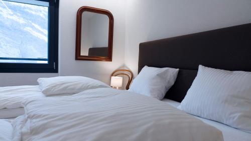 a bedroom with a bed with a mirror on the wall at Appartement 1 chambre proche stations in Saxon