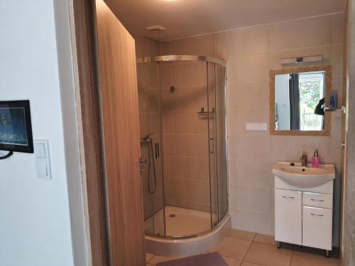 a bathroom with a shower and a sink at Villa Patria Wadowice in Wadowice