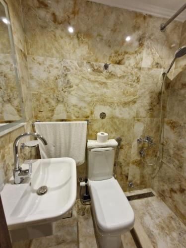 a bathroom with a toilet and a sink and a shower at Gardinia City Apartment in Cairo