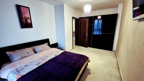 une chambre avec un lit avec une couette violette dans l'établissement Ferval Confort Craiova, à Craiova