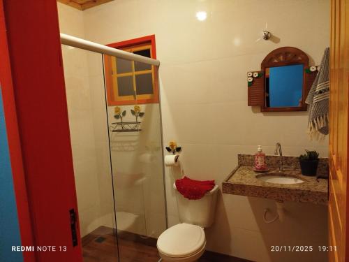 een badkamer met een toilet, een wastafel en een douche bij Chalé Emília Costa in Ouro Preto