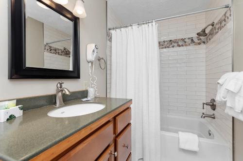 a bathroom with a sink and a shower and a tub at Timbers Studio 14 with Wintergreen Advantage in Wintergreen
