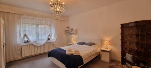 a bedroom with a bed with a chandelier and a window at Casa Victoria in Făgăraş