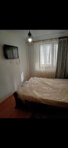 a bedroom with a bed with a window and a light at Apartament LUXURY Cluj in Floreşti