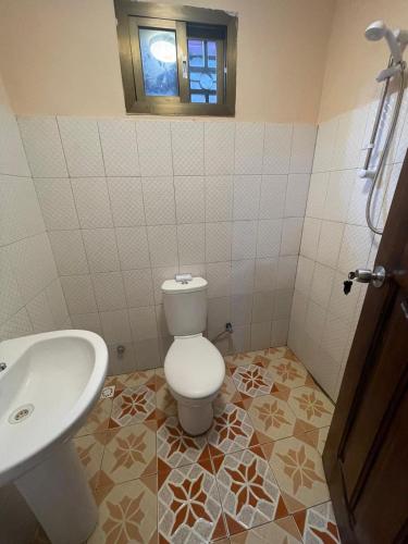 a bathroom with a white toilet and a sink at Brimelia Lodge in Bammbatuk