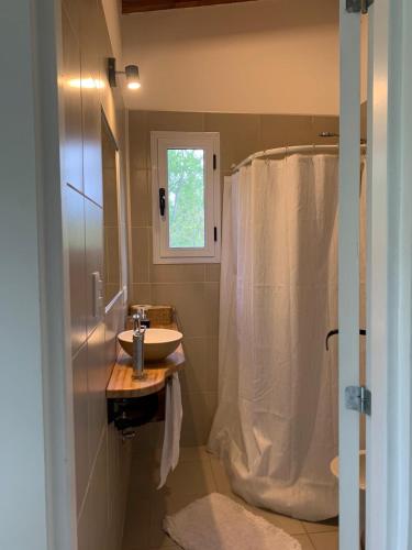 a bathroom with a sink and a shower at Prunus Casa de Montaña in El Hoyo
