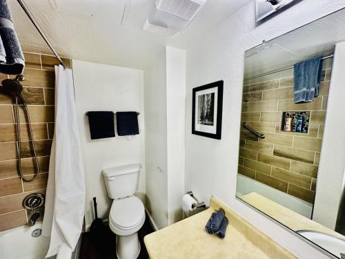 un bagno con wc, doccia e lavandino di Sierra Pines Condo - Inside Yosemite - Sleeps 4 a Yosemite West