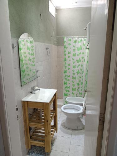 een badkamer met een toilet, een wastafel en een spiegel bij Del sur in Mar de Ajó