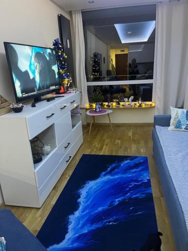 Una sala de estar con televisión y una alfombra azul. en Apartament NIEBO Ustroń, en Ustroń