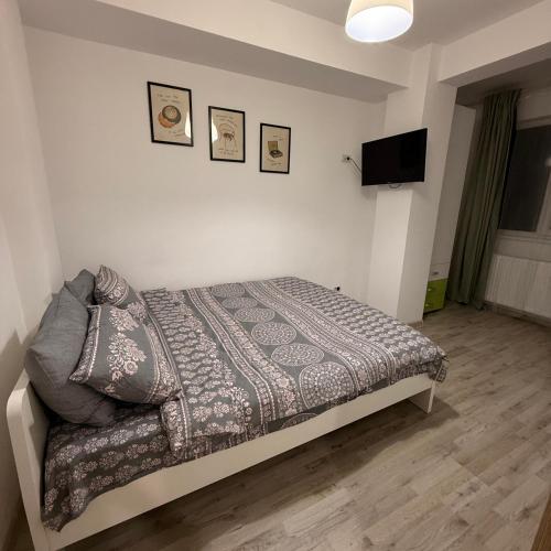 a bedroom with a bed and a flat screen tv at Cozy 2Rooms in Popeşti-Leordeni