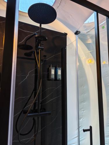 a bathroom with a shower with a black wall at Cromore Retreat in Portstewart