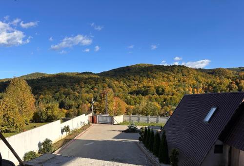 an aerial view of a house with a mountain at Forest Property in Hăghiac