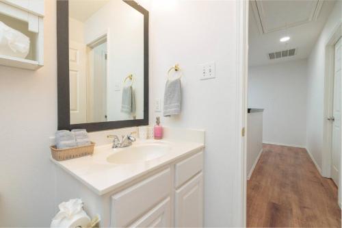 a bathroom with a sink and a mirror at Fenced Backyard - Workspace - Near DFW Airport in Euless