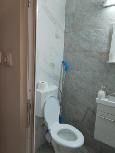 a bathroom with a white toilet and a sink at Spital 1 camera etaj 2 in Târgu-Mureş