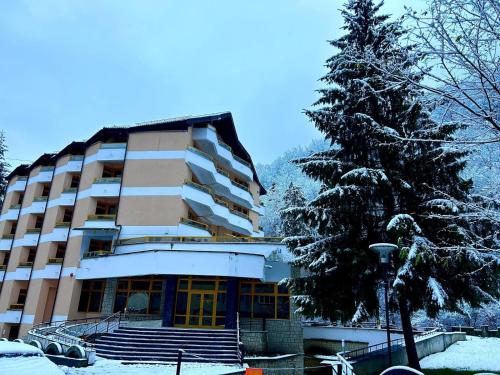 a building with a snow covered tree in front of it at Montana Inn Slănic Moldova in Slănic-Moldova