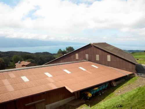una vista aérea de un granero con un techo oxidado en Studio In Renoviertes Bauernhaus 3 Pers, en Chardonne