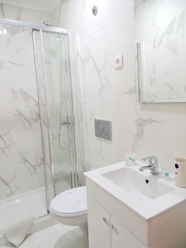 a bathroom with a shower and a sink and a toilet at Apartments Center Lisboa in Lisbon