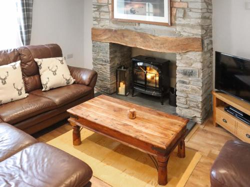 a living room with a couch and a fireplace at Rhoshill in Llanfyrnach
