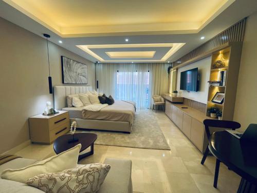 Puerto PlataMarien Residences 305 Deluxe High Floor Condo的一间带床的卧室和一间客厅