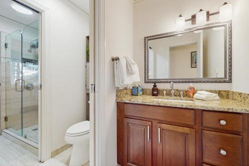 une salle de bain avec toilettes, lavabo et miroir dans l'établissement Summit & Shore Chalet, à Wood Vista