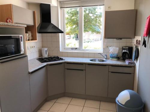eine Küche mit einer Spüle, einer Mikrowelle und einem Fenster in der Unterkunft Ferienhaus für 4 Personen ca 90 m in Winterswijk, Gelderland Achterhoek in Winterswijk