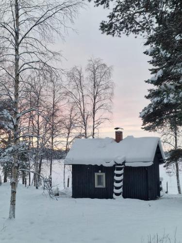 a small house with a snow covered roof at Villa Kaikuranta in Nellimö