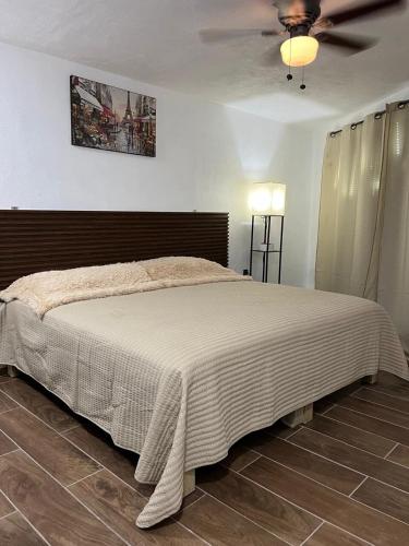 a bedroom with a bed and a ceiling fan at Casa Stone Laja in Guadalajara