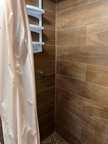 a bathroom with a shower with wooden walls at Casa Stone Laja in Guadalajara