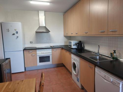 une cuisine avec un réfrigérateur blanc et un évier dans l'établissement Casa en Bustarviejo con vistas, à Bustarviejo